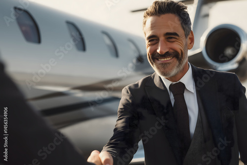 businessman shaking hands in front of a private jet, his face clearly visible and well-lit, confident smile, success vibes