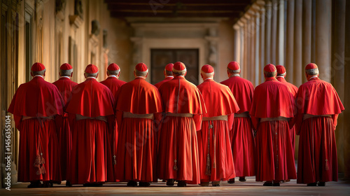 Cardinals in red vestments procession through during conclave for new pope - copy space