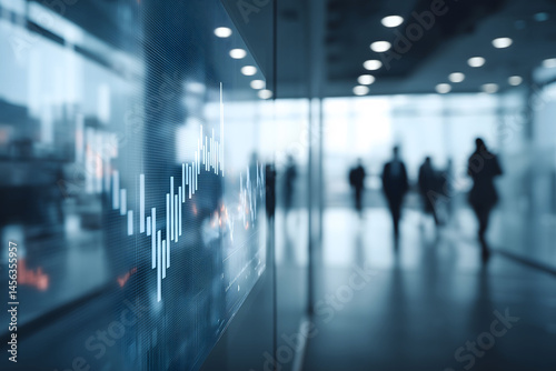 Wallpaper Mural editorial photography style, abstract business environment with digital market graphs overlaying glass panels, group of blurred corporate figures in background, sleek lighting and cool tones, minimal  Torontodigital.ca