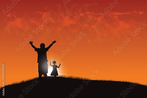 Silhouette of a Happy Family enjoying their vacation in summer, tropical sunset at the beach, Father's Day concept, vector illustration design background