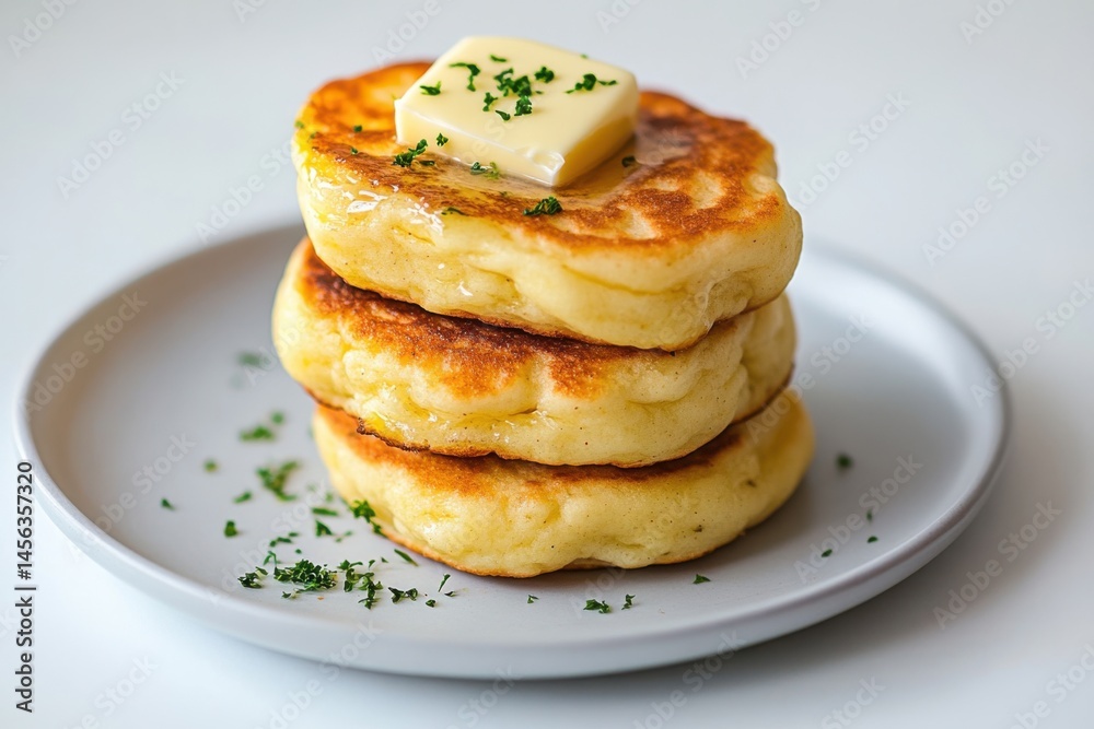 Delicious stack of fluffy pancakes topped with butter and syrup served on a light plate Delicious stack of fluffy pancakes topped with butter and syrup served on a light plate