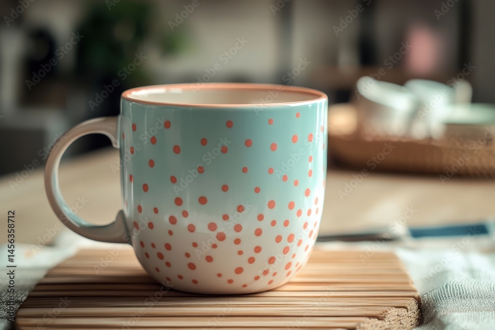 Fototapeta premium A light teal mug with subtle pink polka dots.