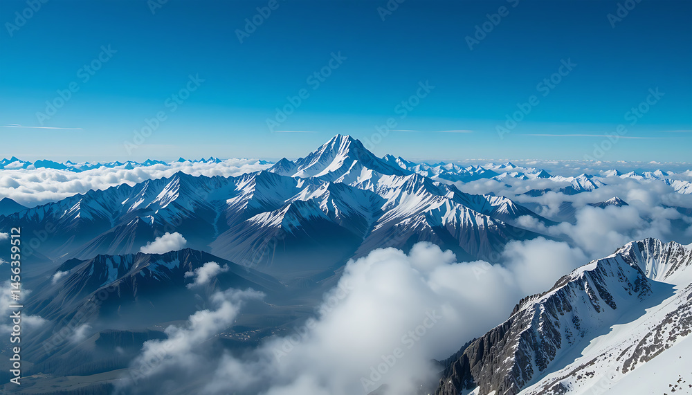 Fototapeta premium Snow Mountain Range Above Clouds Under Blue Sky