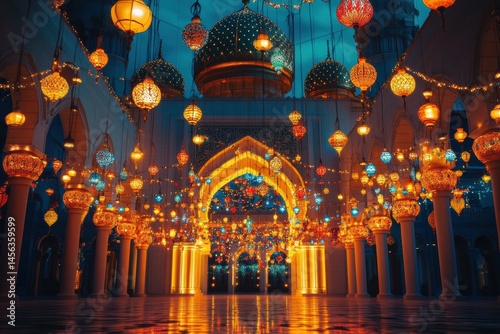 Illuminated Mosque Dome with Decorative Lanterns, Glowing Arches, and Reflective Marble Floor