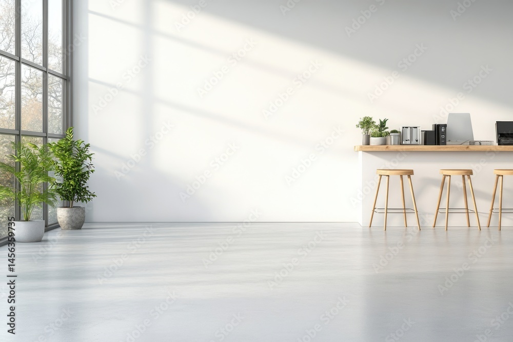 Modern interior with minimalistic design featuring a sleek bar and natural light in a spacious room Modern interior with minimalistic design featuring a sleek bar and natural light in a spacious room