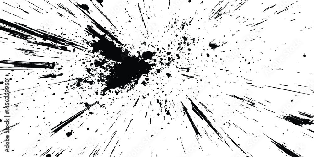 Abstract explosion, radial burst of ink splatter effect. Dynamic manga motion effects with comic-style speed lines, action graphics, and explosive bursts on a clean white backdrop.