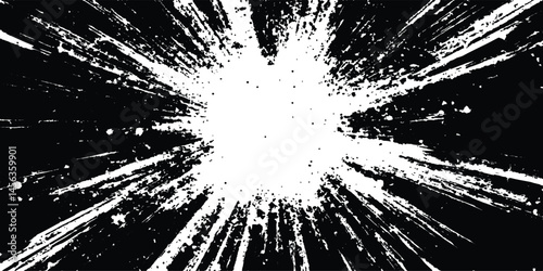 Vector black and white burst of paint on a white background. Black and white abstract background. White and black comic book background with light speed lines, explosion effect, and speed blur