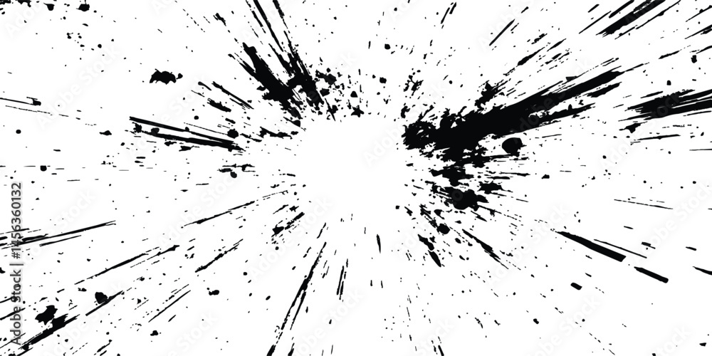 Abstract explosion, radial burst of ink splatter effect. Dynamic manga motion effects with comic-style speed lines, action graphics, and explosive bursts on a clean white backdrop.