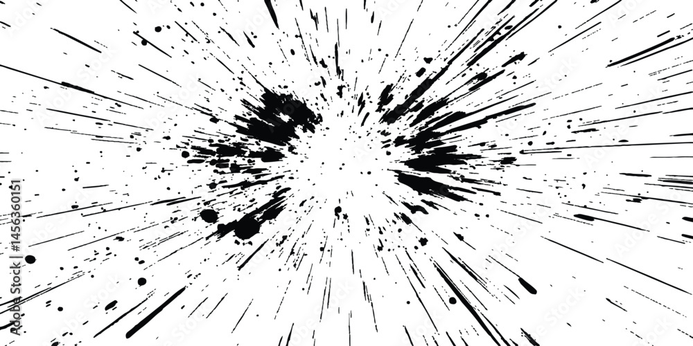Abstract explosion, radial burst of ink splatter effect. Black ink splatter creates abstract background with dynamic energy. Dynamic charcoal burst explosion, isolated on transparent background. 