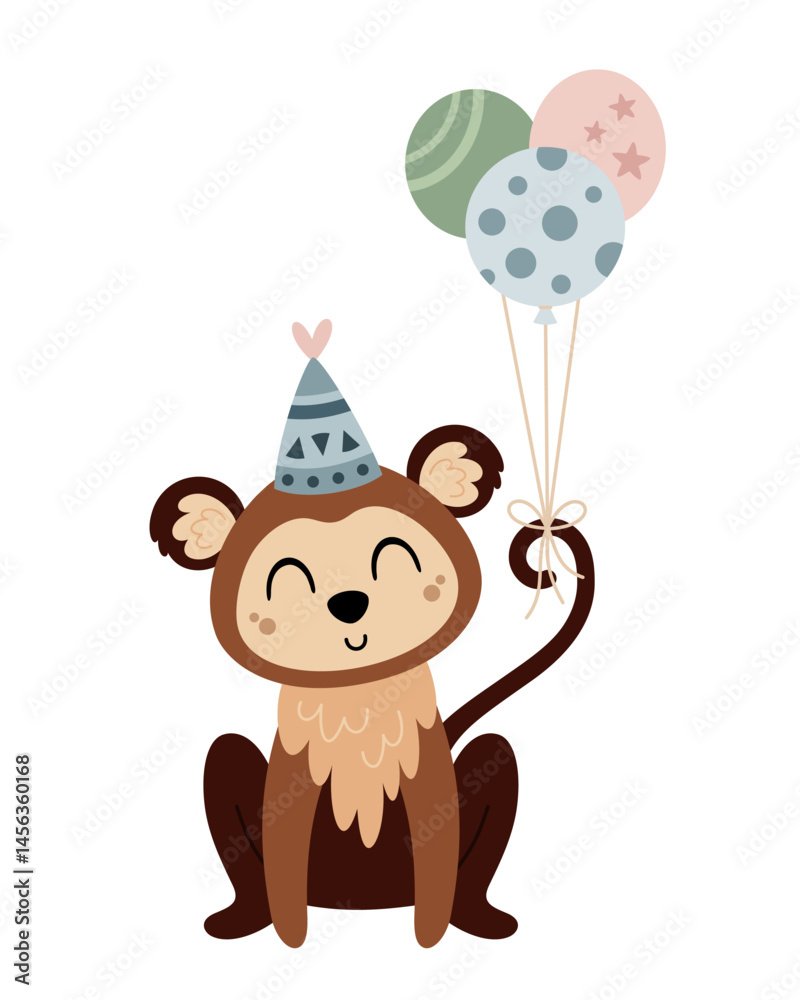 Obraz premium Cute monkey clipart, isolated Birthday character. Jungle, safari, tropical animal hand drawn vector illustration in flat style 