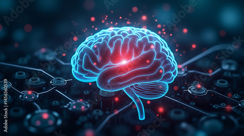 Illustration of artificial intelligence inside a synthetic brain, neural signals firing across complex circuits, futuristic bio-cyber theme, close-up, microphotography