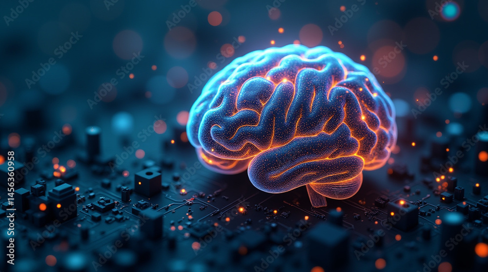 Obraz premium Illustration of artificial intelligence inside a synthetic brain, neural signals firing across complex circuits, futuristic bio-cyber theme, close-up, microphotography