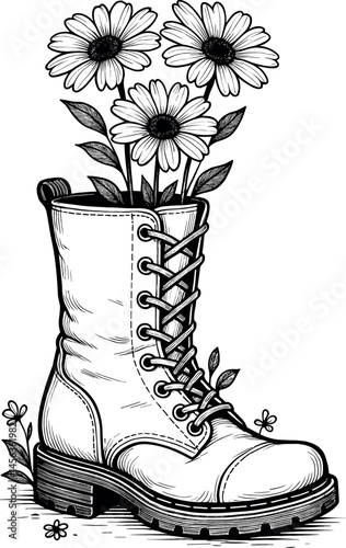 Boot with Flowers vector black silhouette print design