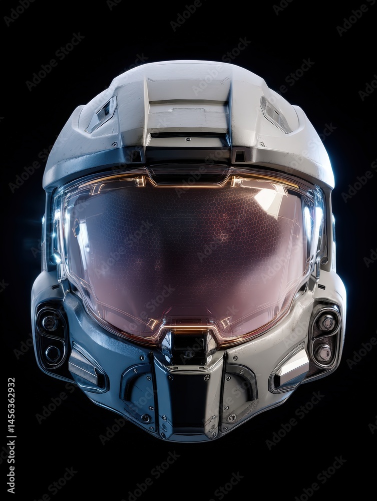 Fototapeta premium Futuristic helmet design showcasing advanced technology and sleek aesthetics against a dark backdrop