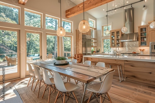 Open kitchen with a Scandinavian-inspired dinner table, light wood, and simple yet elegant decor