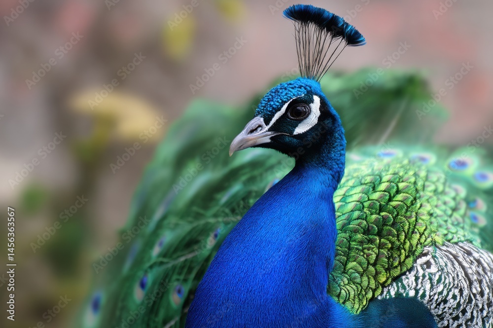 Obraz premium Majestic peacock with vibrant feathers displaying its beauty in a serene garden setting during daylight
