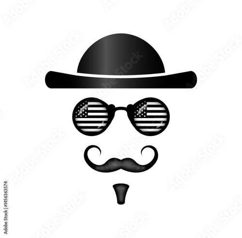 3D abstract american gentleman character with hat, moustache, usa flag glasses set. Vintage man face concept vector to use for independence day, memorial day design projects.