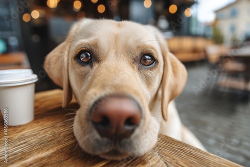 Friendly yellow lab waiting patiently at a cafe table with a coffee cup nearby in urban setting during daytime