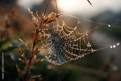 Dew-covered spider web glistens in morning light among grass and nature at dawn