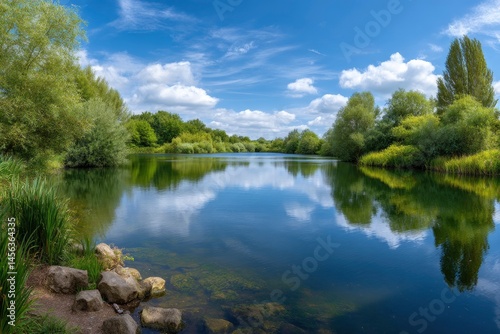 Lake with Trees and Clouds Reflection