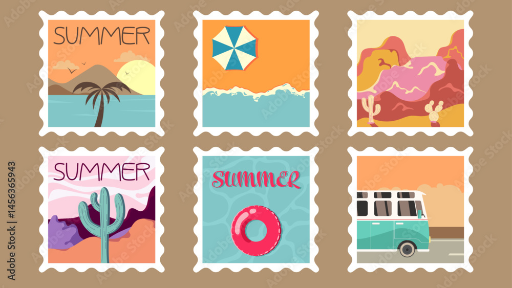 Obraz premium summer postage stamps illustration, cactus, ocean, bus, swimming pool