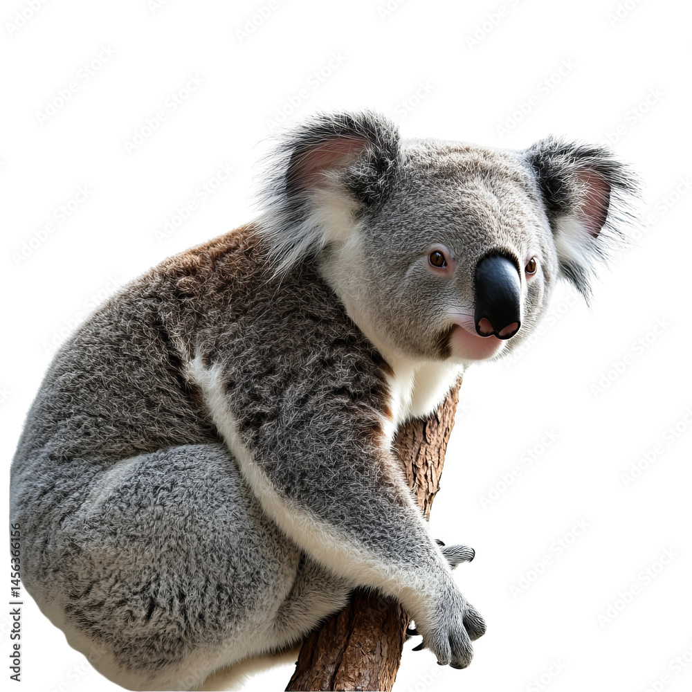 Fototapeta premium A cute koala perched on a tree branch, looking curiously