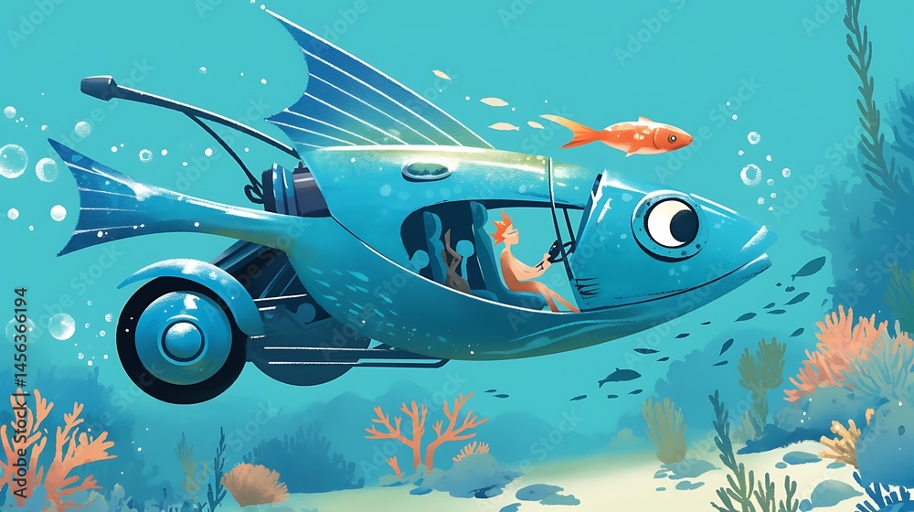 Obraz premium Fish vehicle underwater scene illustration