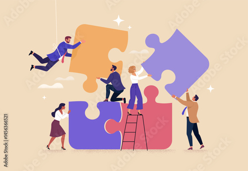 Business Teamwork concept. Contemporary flat style abstract vector illustration of a group of diverse people putting together a huge puzzle details. Isolated on background