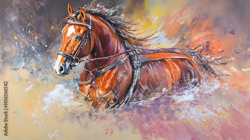 Dynamic Brown Horse in Motion Abstract Oil Painting