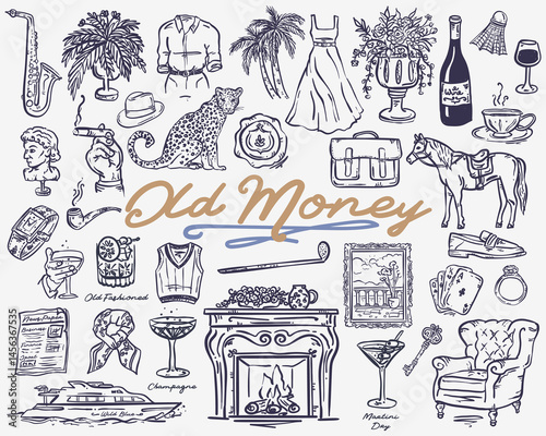 Beautiful hand-drawn whimsical style Old Money set - vector illustration, Vintage Aesthetic