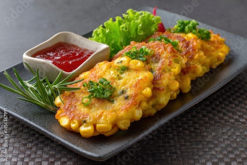 Corn Fritter with Garnish on Plate