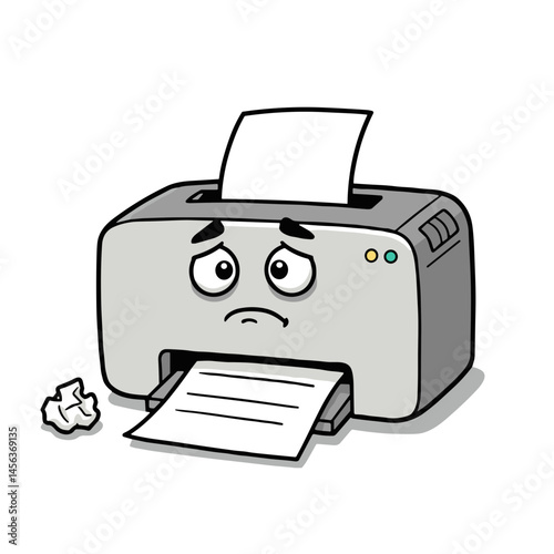 Sad printer character expressing office struggles with crumpled paper background for sticker pack
