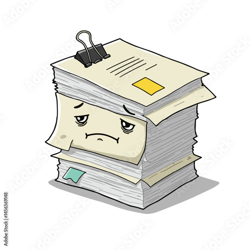 Sad stack of paper with binder clip expressing office struggles for sticker pack