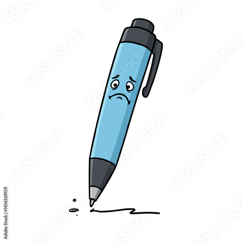 Sad blue pen character with spilled ink expressing office struggles for sticker pack