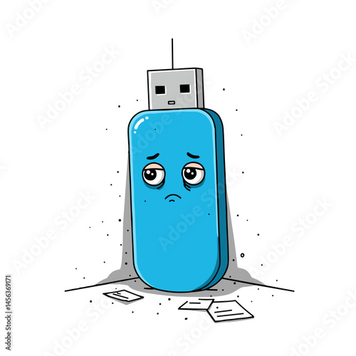 Upset blue USB drive character with spilled papers expressing office struggles for sticker pack