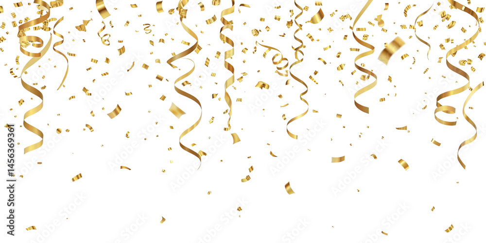 Realistic falling gold confetti and streamers seamless pattern on transparent PNG Realistic falling gold confetti and streamers seamless pattern on transparent PNG