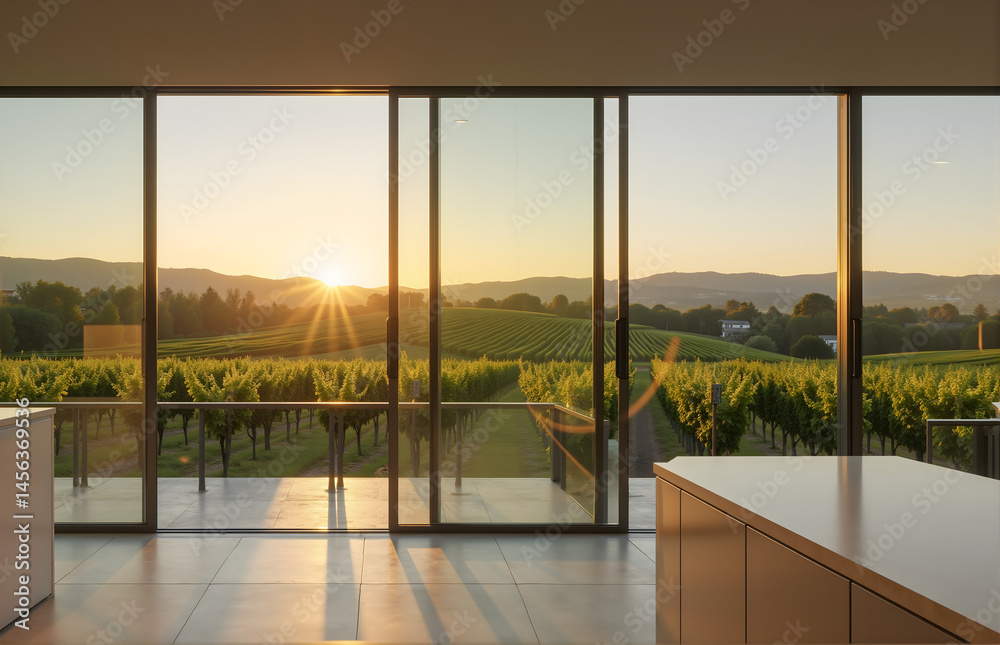 Fototapeta premium Sunset View from Modern Home Over Vineyard Landscape