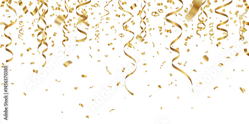 Realistic falling gold confetti and streamers seamless pattern on transparent PNG 