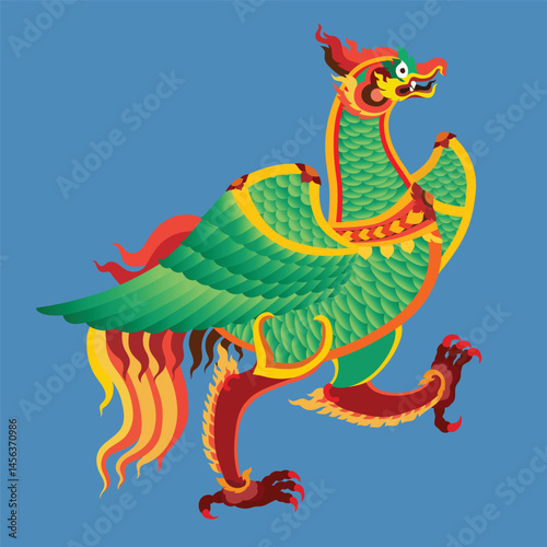 Bird Thai art graphic vector Blue Background