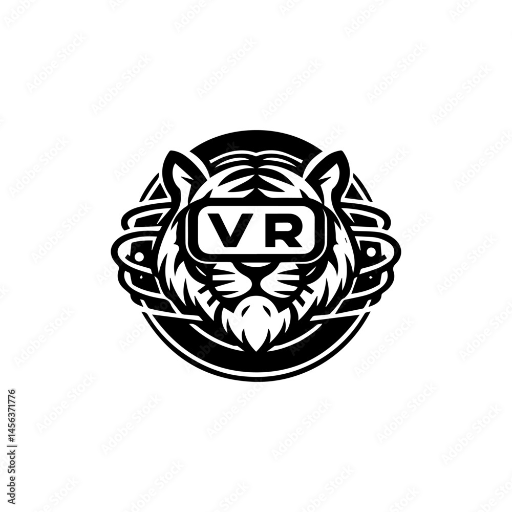 Obraz premium Bold black and white graphic of a tiger's face with VR vector logo