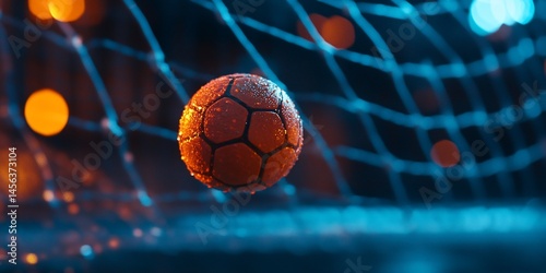Dynamic handball action in a net with vibrant lighting and water droplets