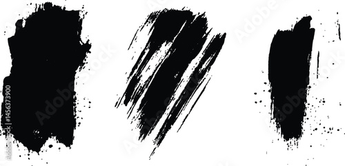 Vector set of grunge black brush marks isolated on transparent background. Abstract black paint splashes and brush strokes on a white background. Three bold strokes of black paint on a white surface,
