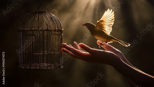 Bird leaving the cage symbolizing freedom hope and new beginnings with warm sunlight