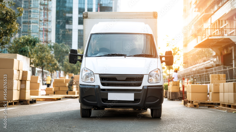 Delivery truck in urban setting with stacked boxes on sunny day Delivery truck in urban setting with stacked boxes on sunny day