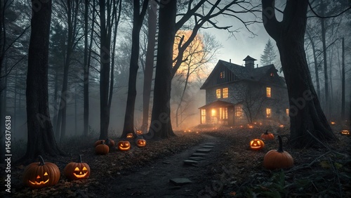 Haunted forest night with glowing pumpkins and eerie house in spooky 3D Halloween scene