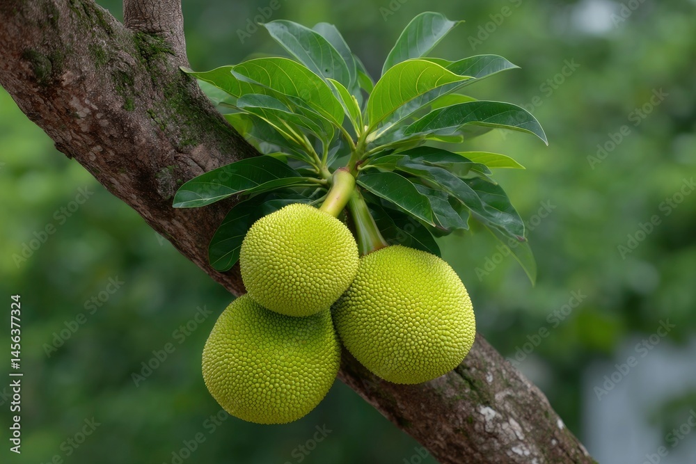 Breadfruit on Tree Branch with Green Leaves Breadfruit on Tree Branch with Green Leaves