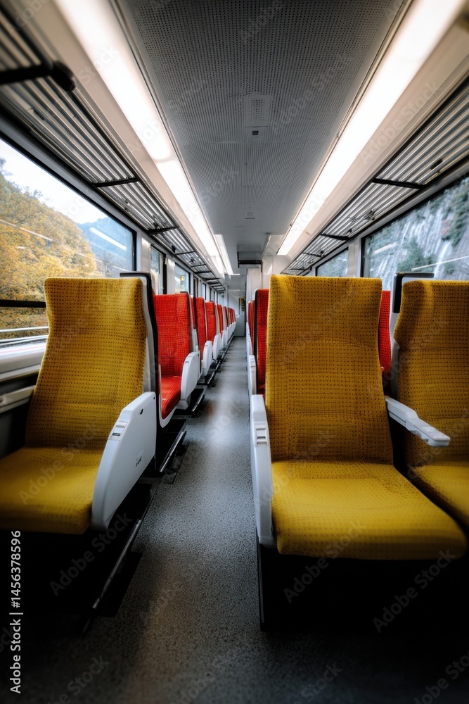 Fototapeta premium Brightly colored train seats in a quiet cabin during a scenic journey through picturesque landscapes