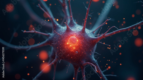 Macro shot of a single neuron cell firing electric impulses, surrounded by digital particles, dark background, biotech fantasy, close-up, microphotography
