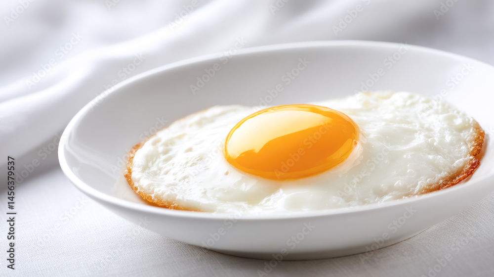 Perfectly cooked sunny-side-up egg on white plate with crisp edges Perfectly cooked sunny-side-up egg on white plate with crisp edges