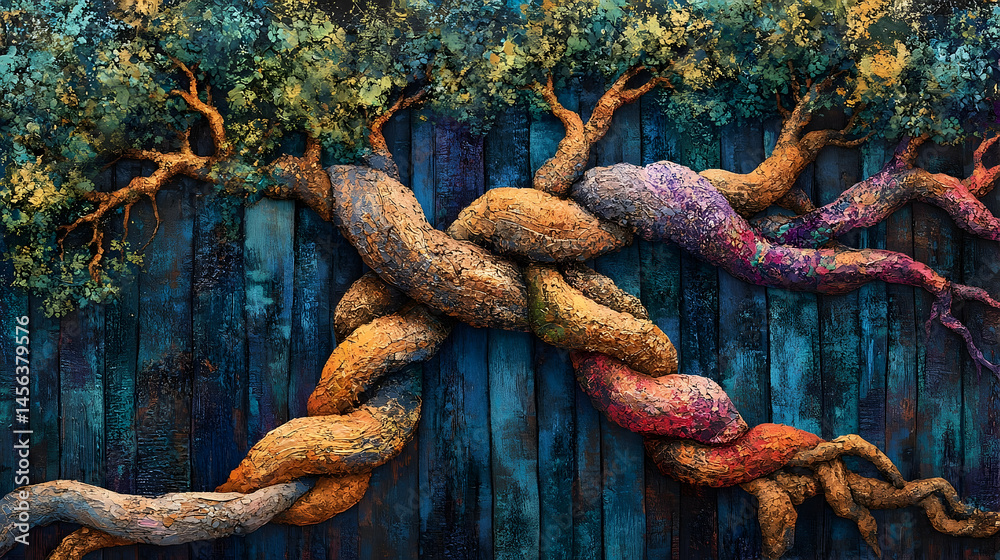 Intricate interwoven tree roots against a textured wooden background. Intricate interwoven tree roots against a textured wooden background.